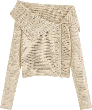 Saodimallsu Womens Off The Shoulder Sweater Long Sleeve Y2k Button Trendy Knitted Asymmetric Crop Tops