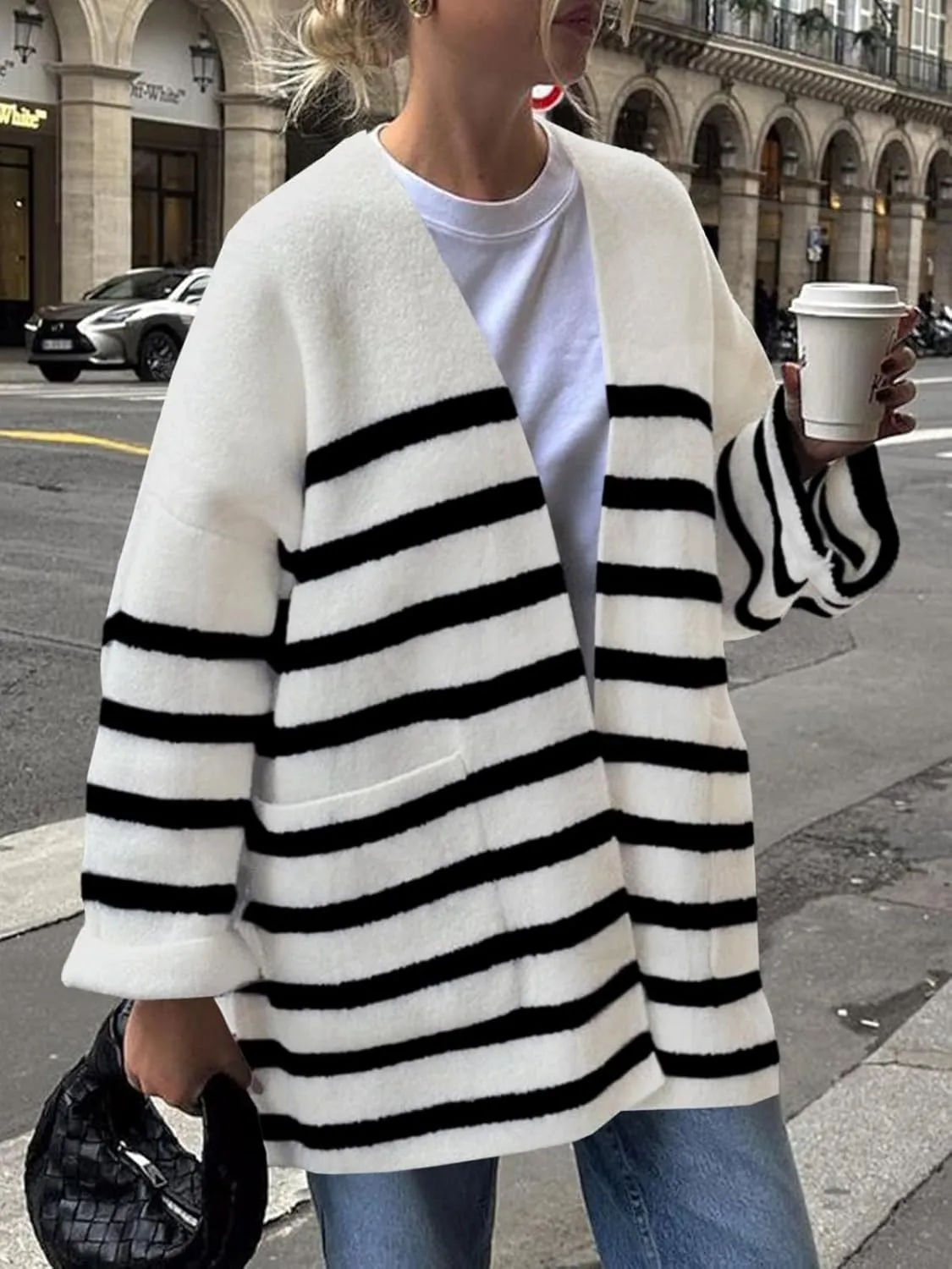 Saodimallsu Womens Oversized Striped Cardigans Open Front Chunky Knit Casual Loose Fit Long Sleeve Sweater Coats