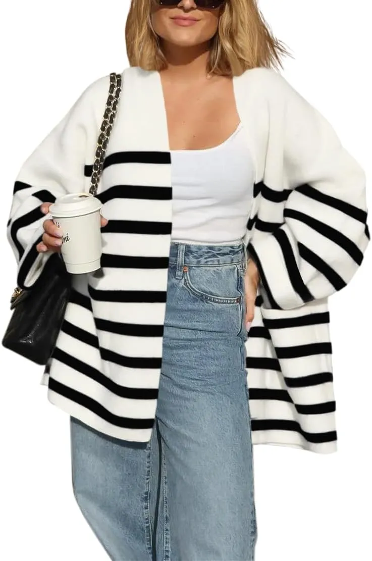 Saodimallsu Womens Oversized Striped Cardigans Open Front Chunky Knit Casual Loose Fit Long Sleeve Sweater Coats