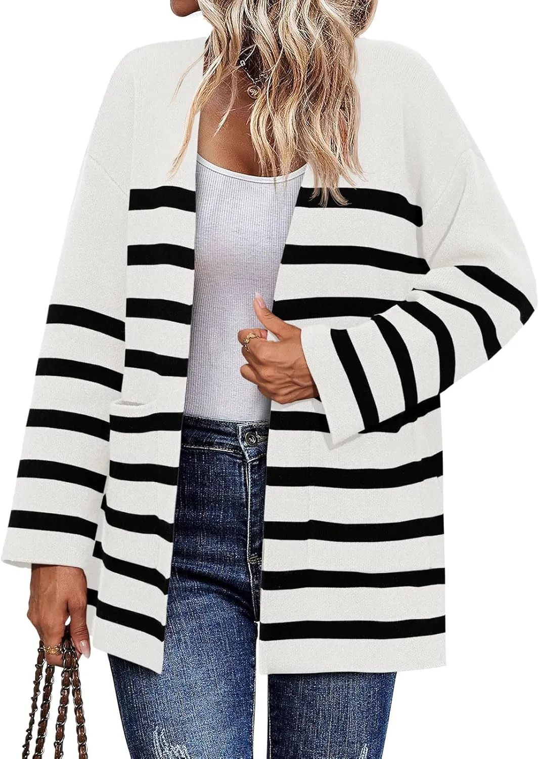 Saodimallsu Womens Oversized Striped Cardigans Open Front Chunky Knit Casual Loose Fit Long Sleeve Sweater Coats
