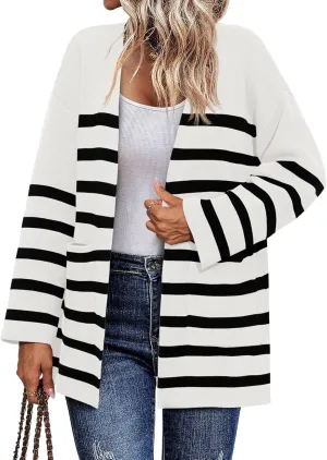 Saodimallsu Womens Oversized Striped Cardigans Open Front Chunky Knit Casual Loose Fit Long Sleeve Sweater Coats