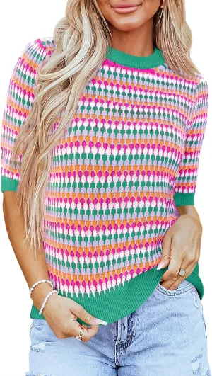 Saodimallsu Womens Short Sleeve Striped Sweater Tops Summer Color Block Crew Neck Cute Colorful Going Out Shirts