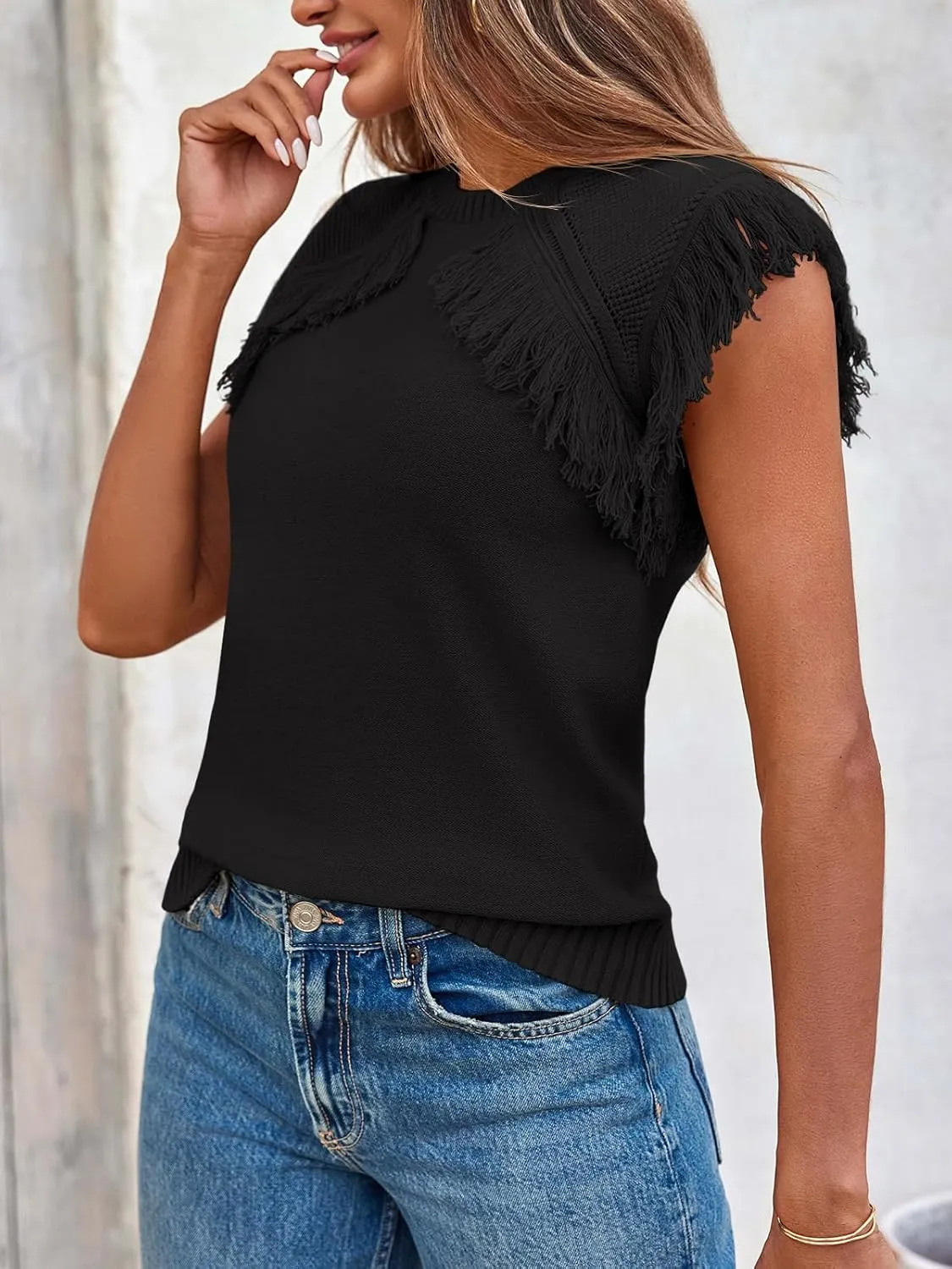 Saodimallsu Womens Sleeveless Sweater Vest Fringe Cap Sleeve Western Boho Trendy Crew Neck Pullover Knit Tops