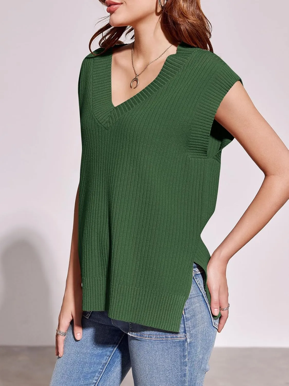 Saodimallsu Womens V Neck Sweater Vest Oversized Ribbed Knit Sleeveless Casual Loose Fit Pullover Tank Top