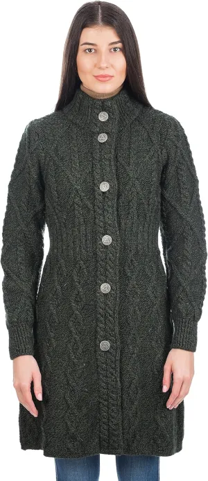 SAOL 100% Merino Wool Irish Cardigan for Women with Celtic Knot Buttons -Aran Long Outdoor Cable Knit Coatigan