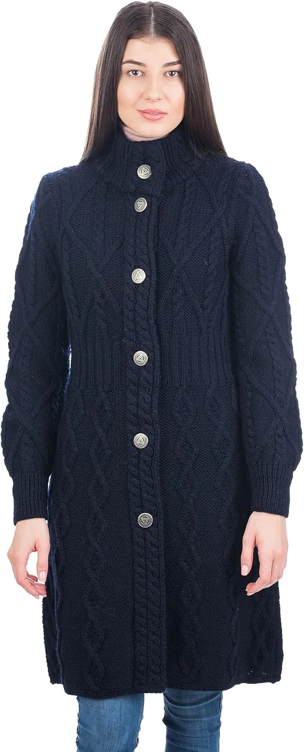 SAOL 100% Merino Wool Irish Cardigan for Women with Celtic Knot Buttons -Aran Long Outdoor Cable Knit Coatigan