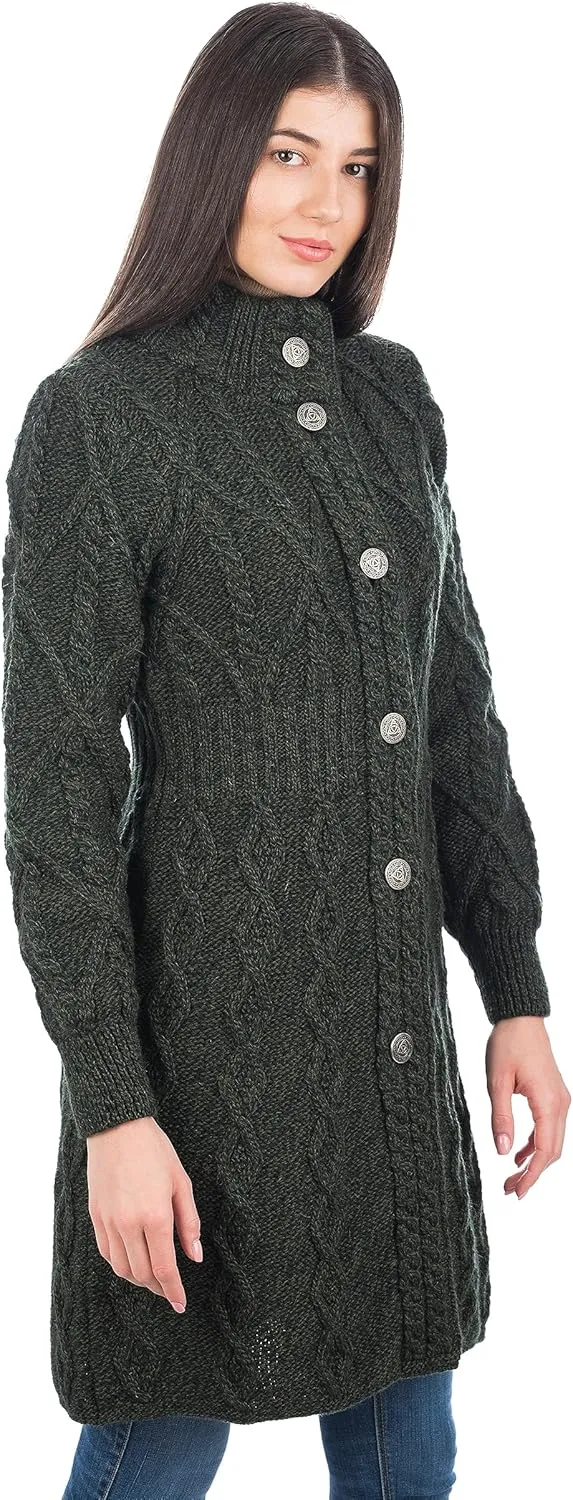 SAOL 100% Merino Wool Irish Cardigan for Women with Celtic Knot Buttons -Aran Long Outdoor Cable Knit Coatigan