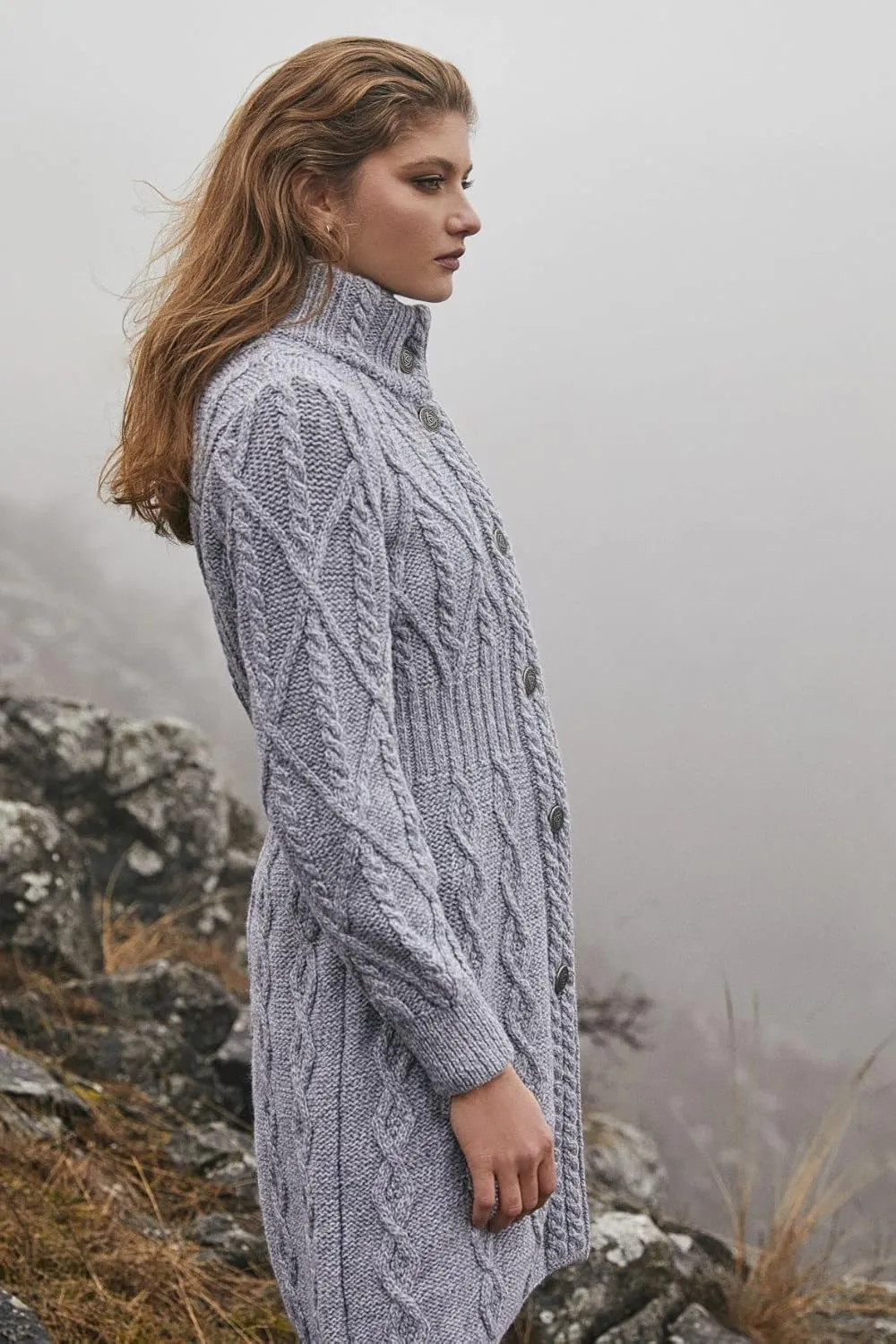 SAOL 100% Merino Wool Irish Cardigan for Women with Celtic Knot Buttons -Aran Long Outdoor Cable Knit Coatigan