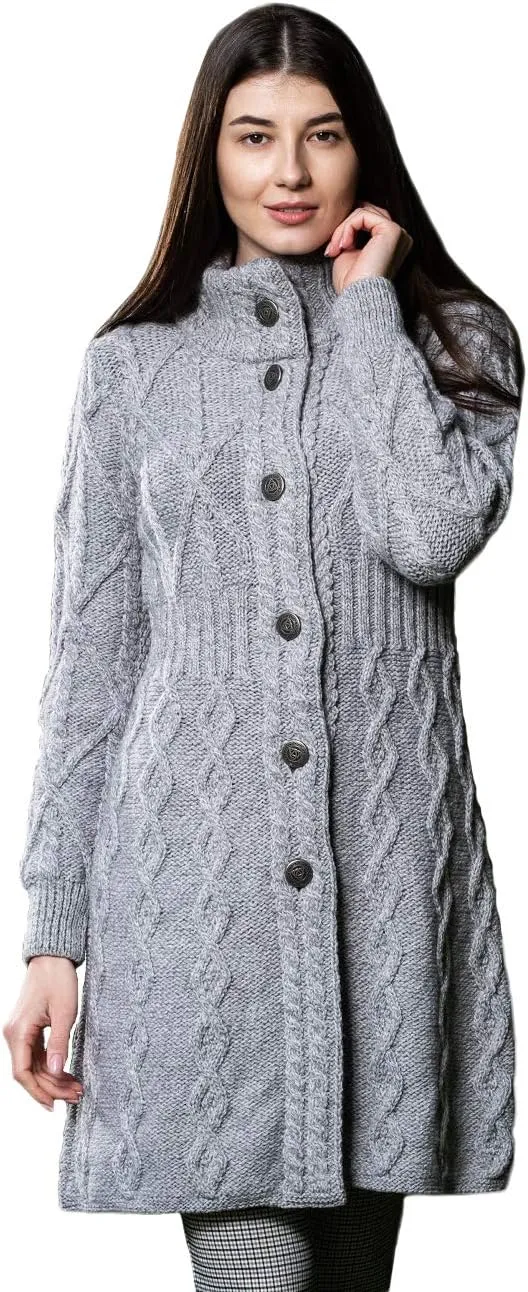 SAOL 100% Merino Wool Irish Cardigan for Women with Celtic Knot Buttons -Aran Long Outdoor Cable Knit Coatigan