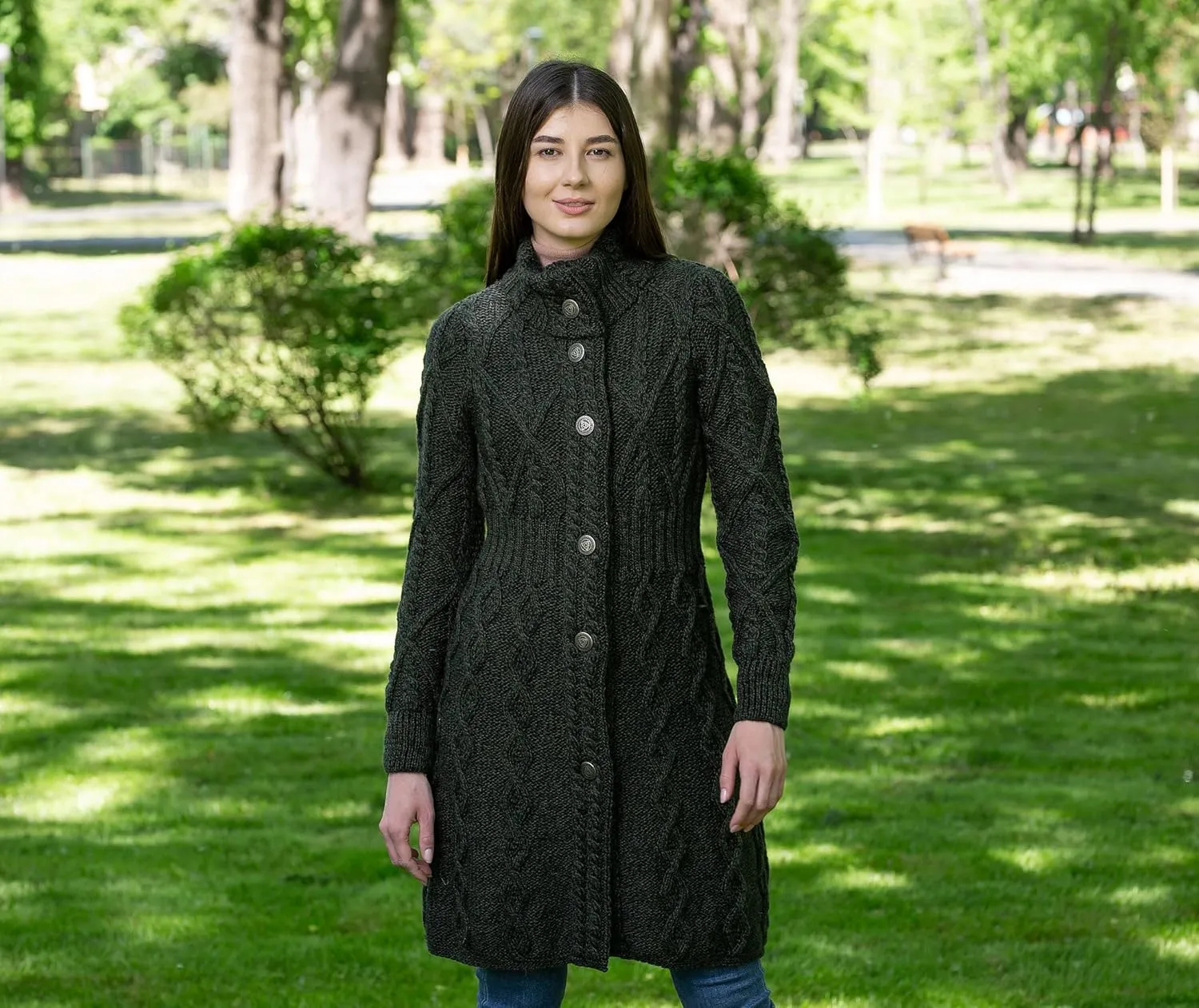 SAOL 100% Merino Wool Irish Cardigan for Women with Celtic Knot Buttons -Aran Long Outdoor Cable Knit Coatigan