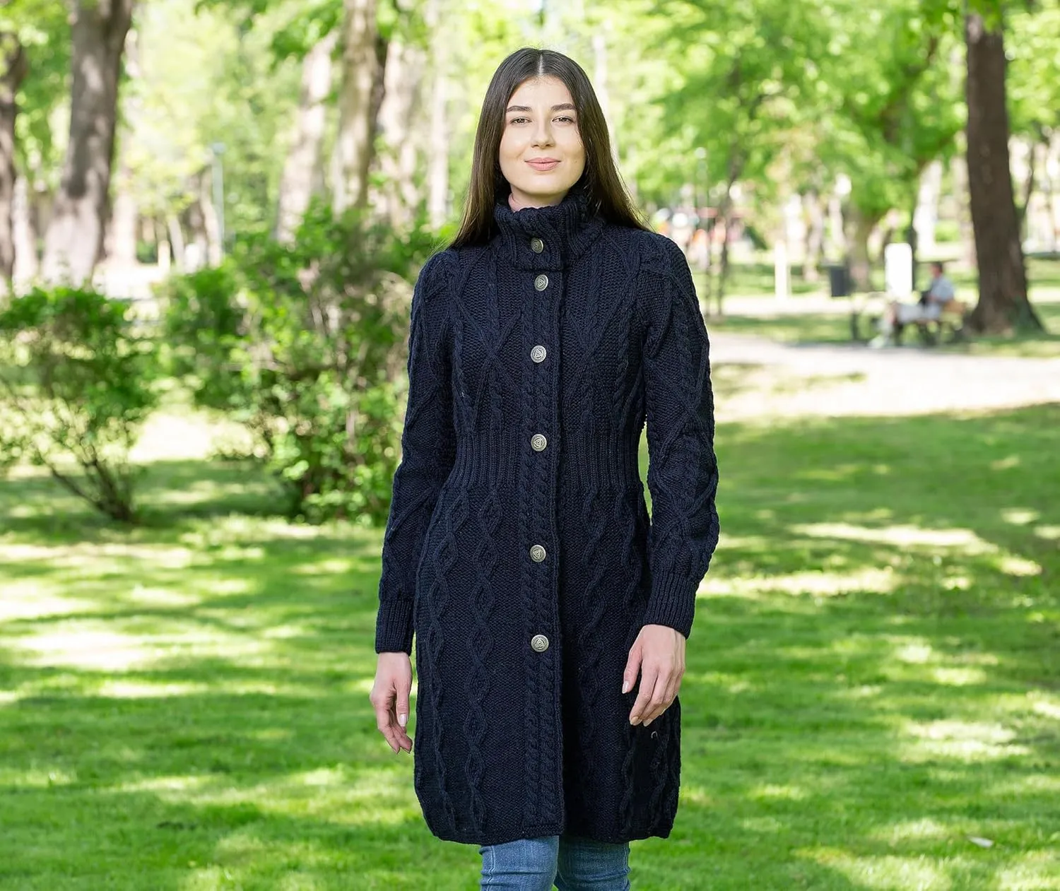 SAOL 100% Merino Wool Irish Cardigan for Women with Celtic Knot Buttons -Aran Long Outdoor Cable Knit Coatigan