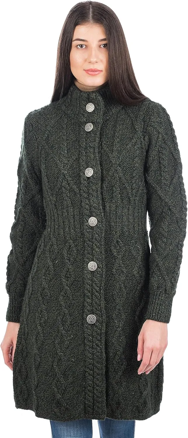 SAOL 100% Merino Wool Irish Cardigan for Women with Celtic Knot Buttons -Aran Long Outdoor Cable Knit Coatigan