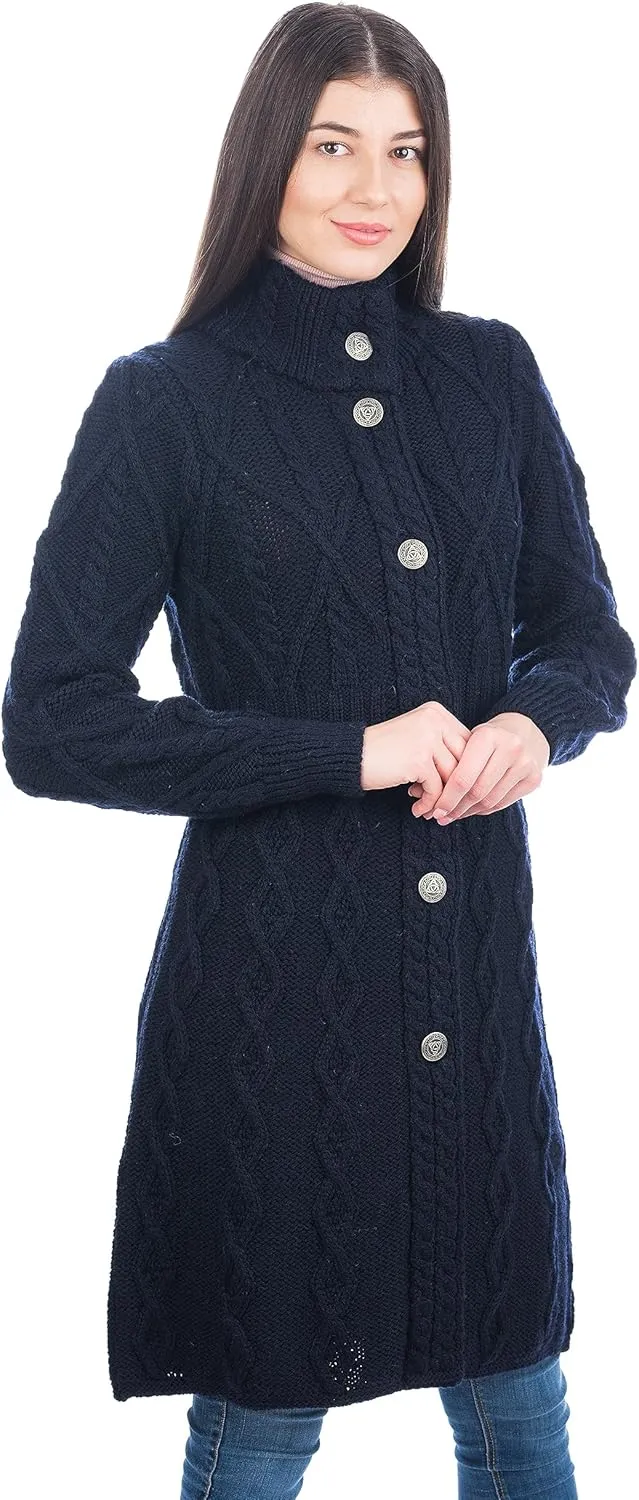SAOL 100% Merino Wool Irish Cardigan for Women with Celtic Knot Buttons -Aran Long Outdoor Cable Knit Coatigan
