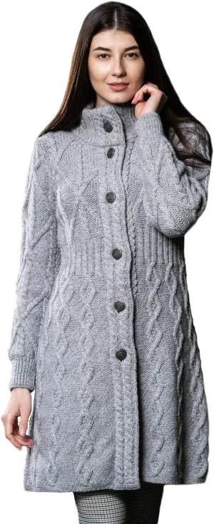 SAOL 100% Merino Wool Irish Cardigan for Women with Celtic Knot Buttons -Aran Long Outdoor Cable Knit Coatigan