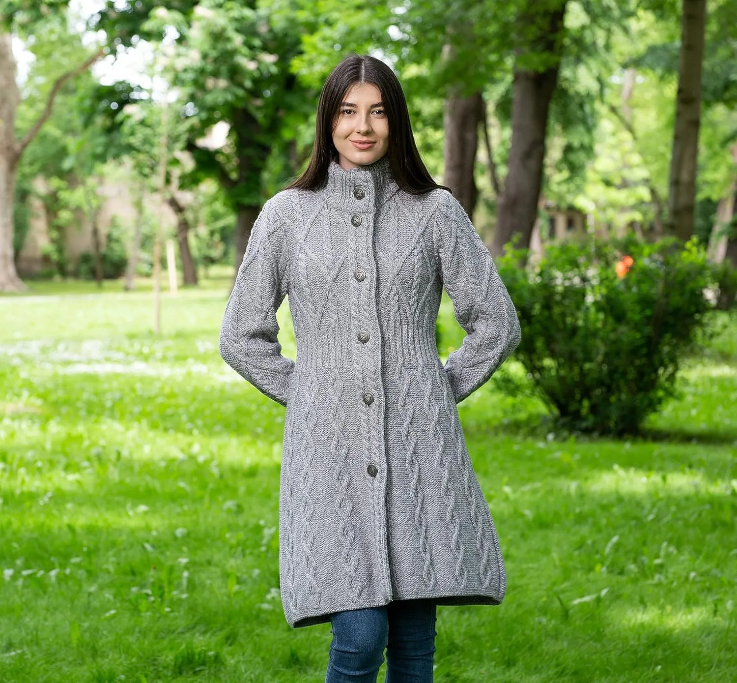 SAOL 100% Merino Wool Irish Cardigan for Women with Celtic Knot Buttons -Aran Long Outdoor Cable Knit Coatigan