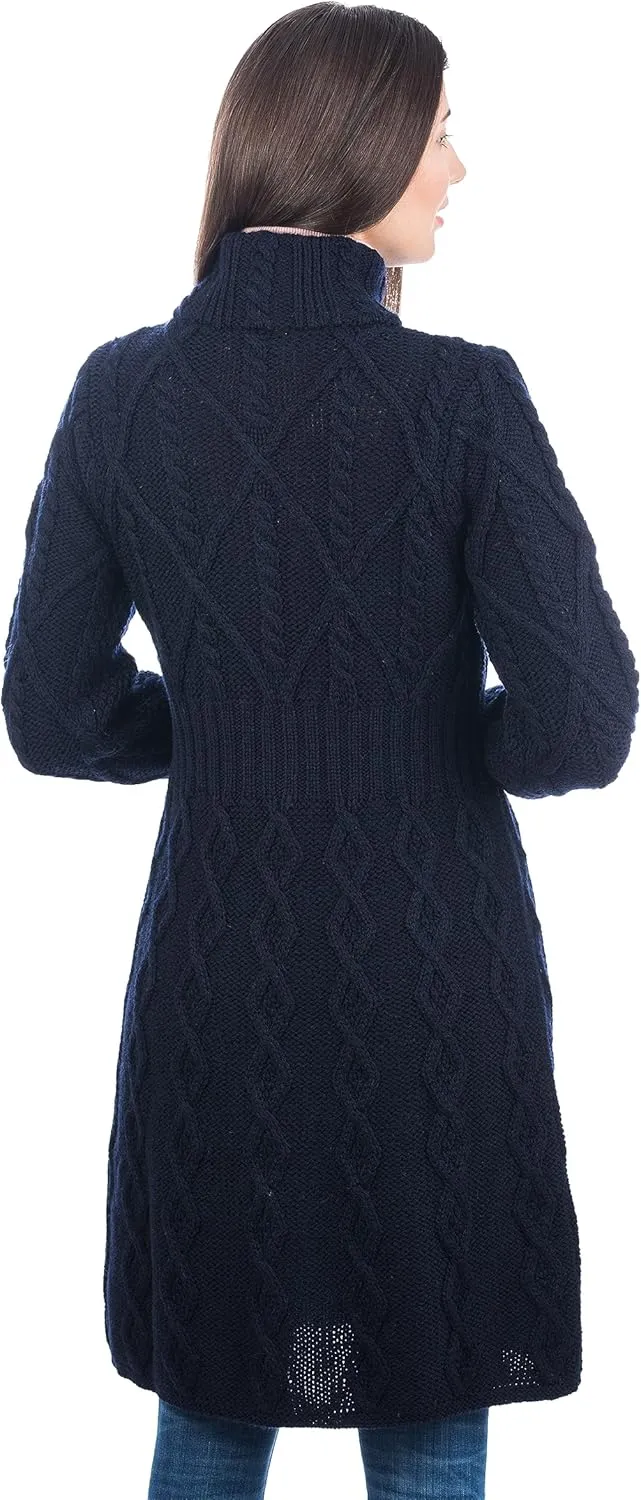 SAOL 100% Merino Wool Irish Cardigan for Women with Celtic Knot Buttons -Aran Long Outdoor Cable Knit Coatigan