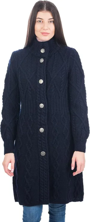 SAOL 100% Merino Wool Irish Cardigan for Women with Celtic Knot Buttons -Aran Long Outdoor Cable Knit Coatigan