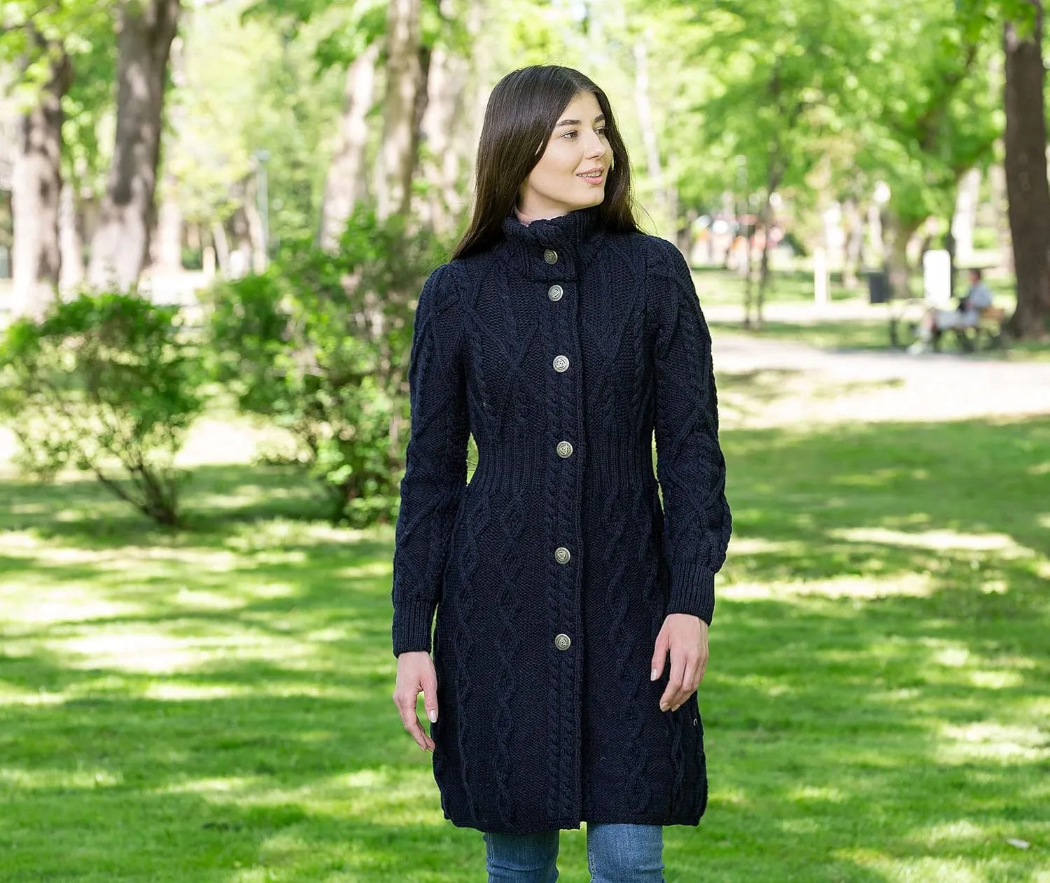 SAOL 100% Merino Wool Irish Cardigan for Women with Celtic Knot Buttons -Aran Long Outdoor Cable Knit Coatigan
