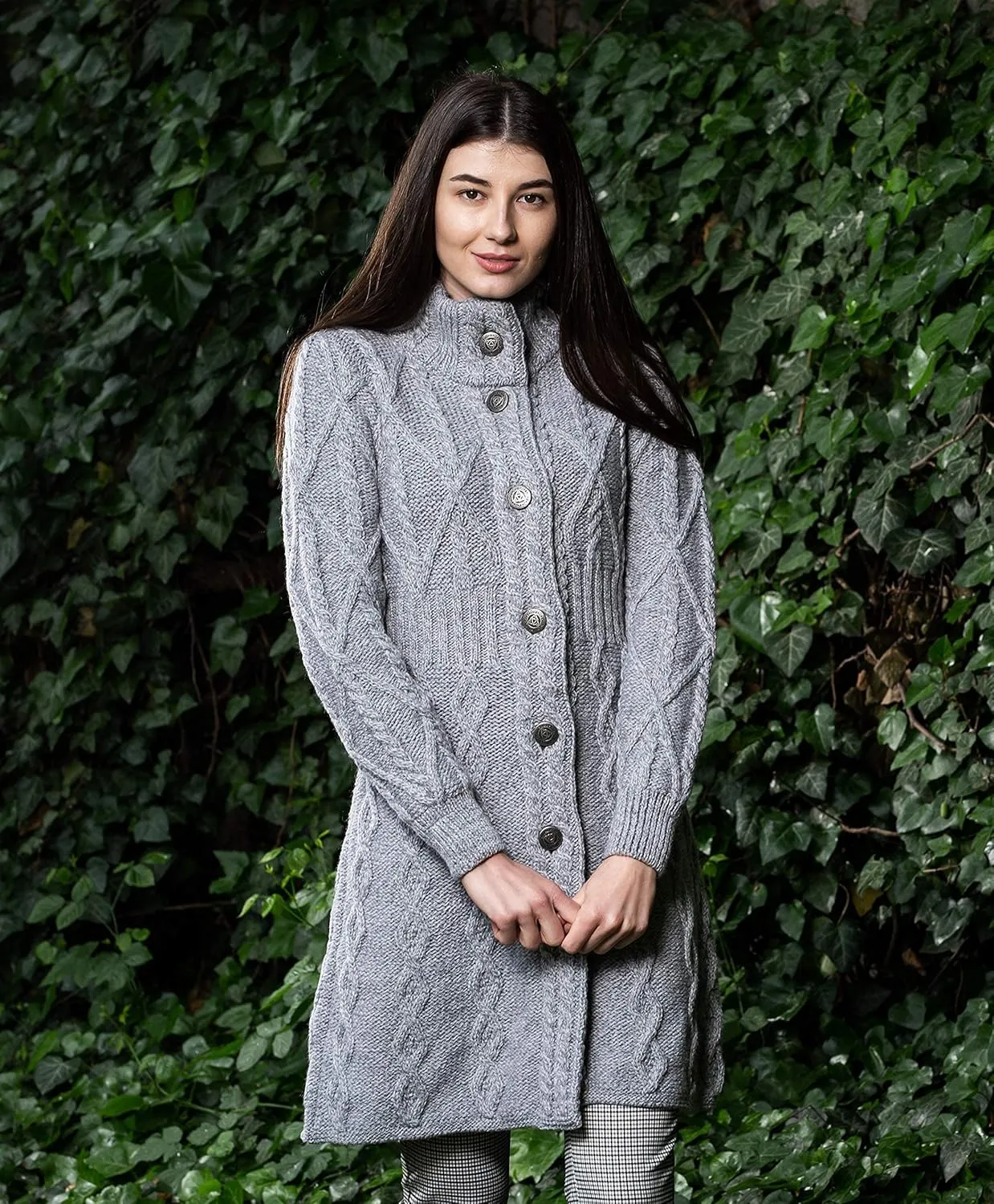 SAOL 100% Merino Wool Irish Cardigan for Women with Celtic Knot Buttons -Aran Long Outdoor Cable Knit Coatigan