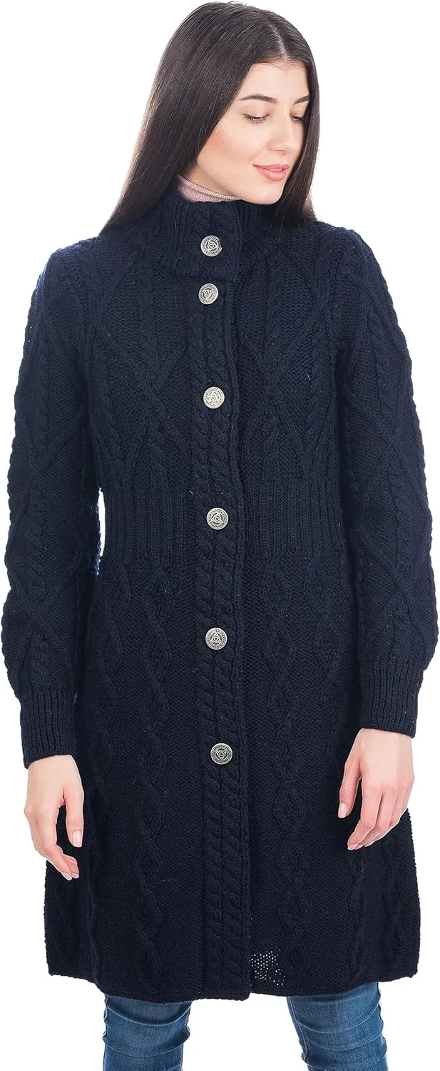 SAOL 100% Merino Wool Irish Cardigan for Women with Celtic Knot Buttons -Aran Long Outdoor Cable Knit Coatigan