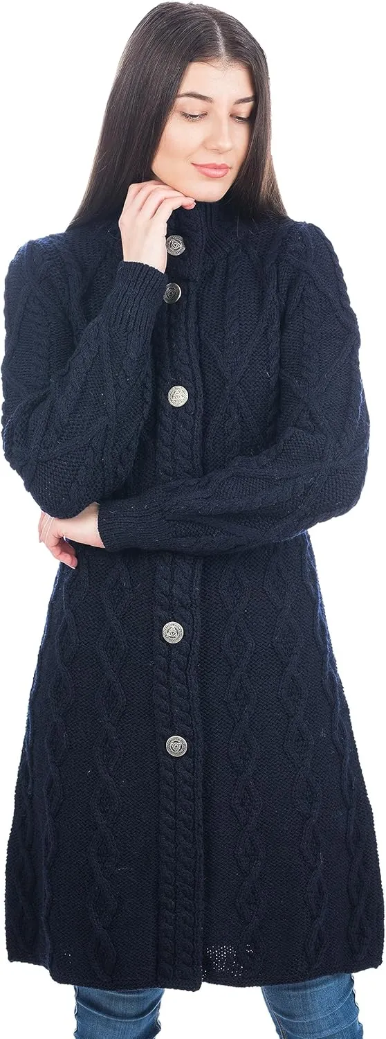 SAOL 100% Merino Wool Irish Cardigan for Women with Celtic Knot Buttons -Aran Long Outdoor Cable Knit Coatigan