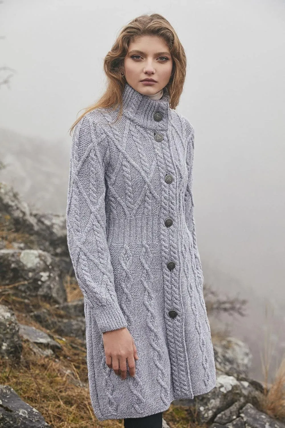 SAOL 100% Merino Wool Irish Cardigan for Women with Celtic Knot Buttons -Aran Long Outdoor Cable Knit Coatigan