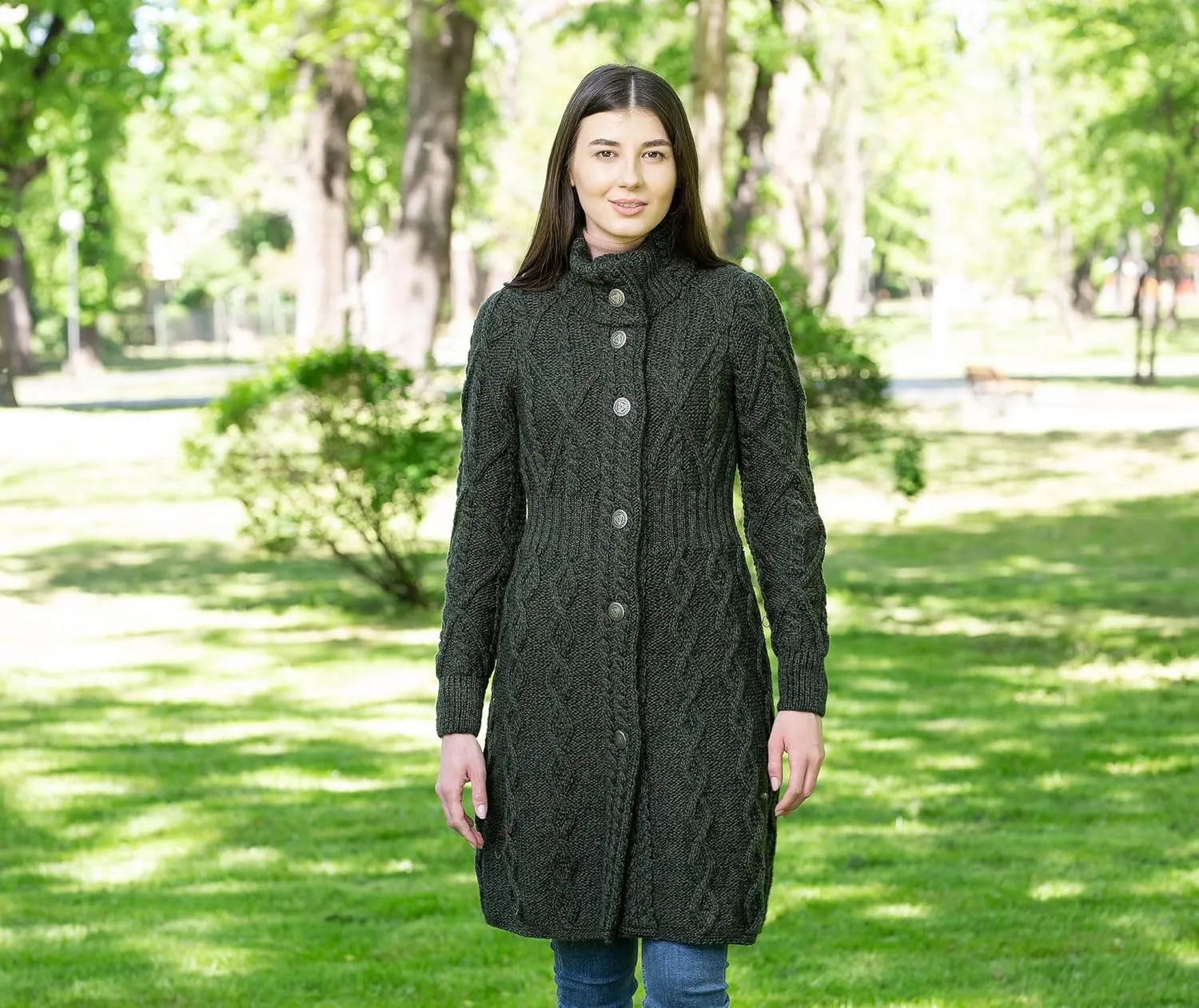 SAOL 100% Merino Wool Irish Cardigan for Women with Celtic Knot Buttons -Aran Long Outdoor Cable Knit Coatigan