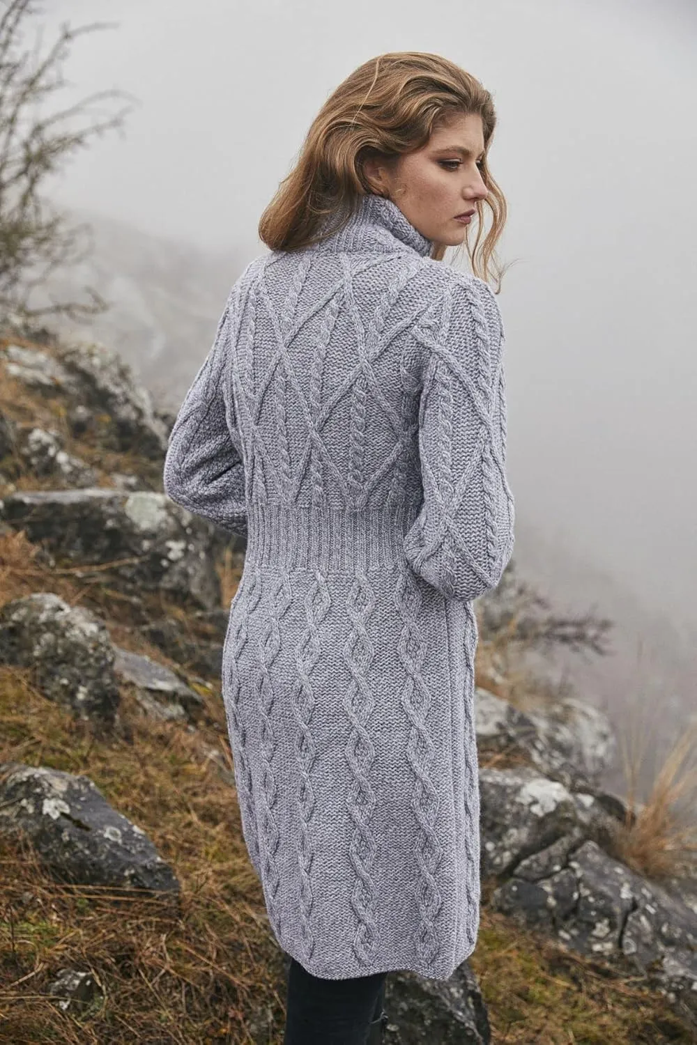 SAOL 100% Merino Wool Irish Cardigan for Women with Celtic Knot Buttons -Aran Long Outdoor Cable Knit Coatigan