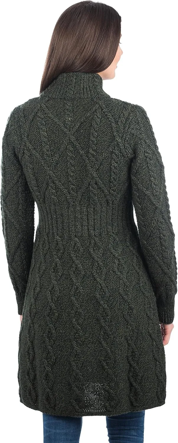 SAOL 100% Merino Wool Irish Cardigan for Women with Celtic Knot Buttons -Aran Long Outdoor Cable Knit Coatigan