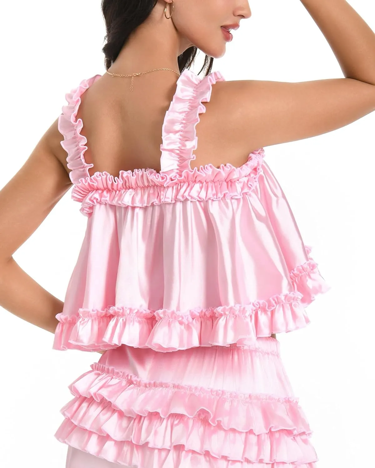 Satini Lingerie Satin Sissy Rolled Hem Edge Frilly Cami Top