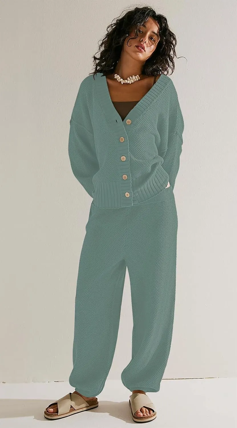 SAUKOLE Womens Two Piece Outfits Knit Sweater Sets Oversized Button Down Cardigan and Long Pants Matching Lounge Set