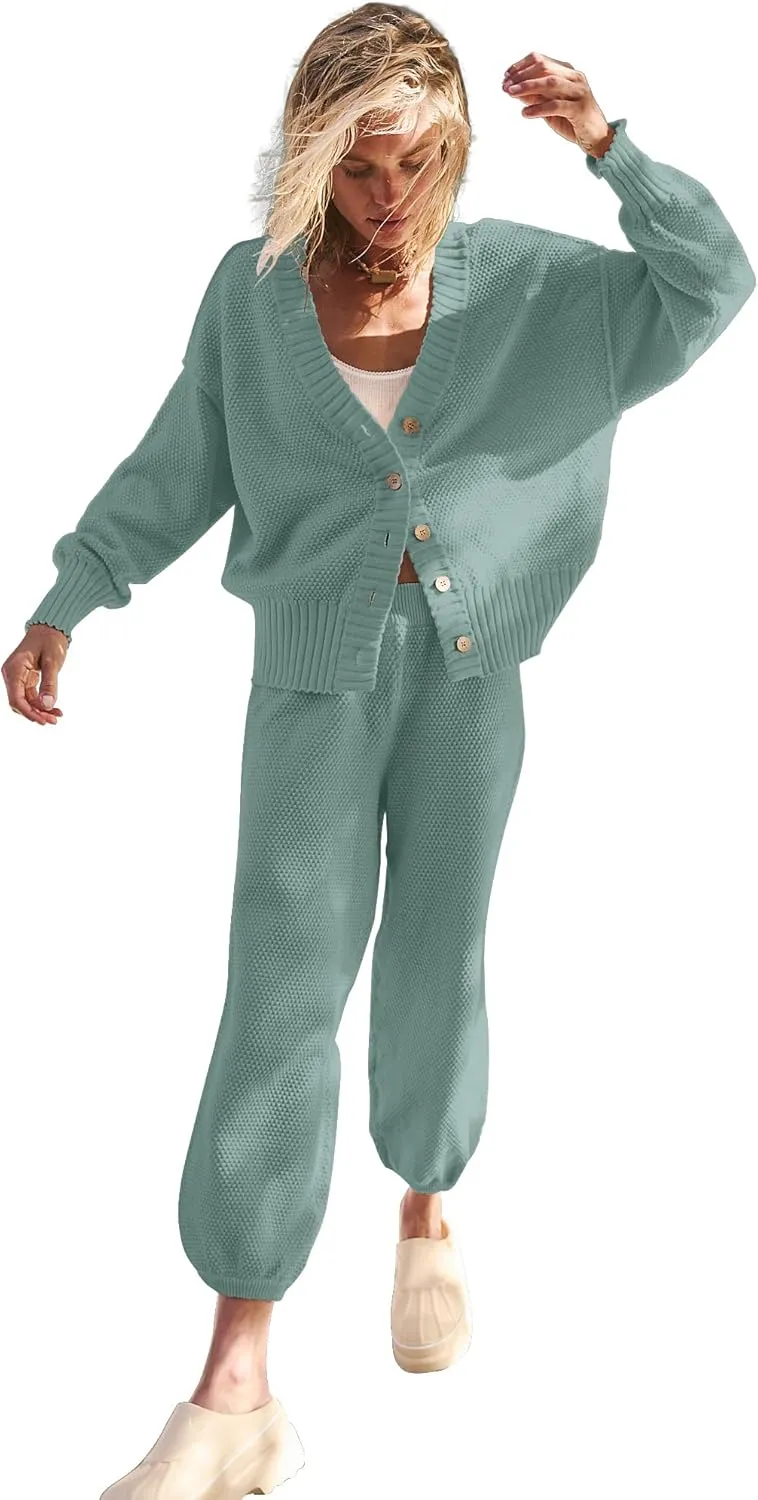 SAUKOLE Womens Two Piece Outfits Knit Sweater Sets Oversized Button Down Cardigan and Long Pants Matching Lounge Set