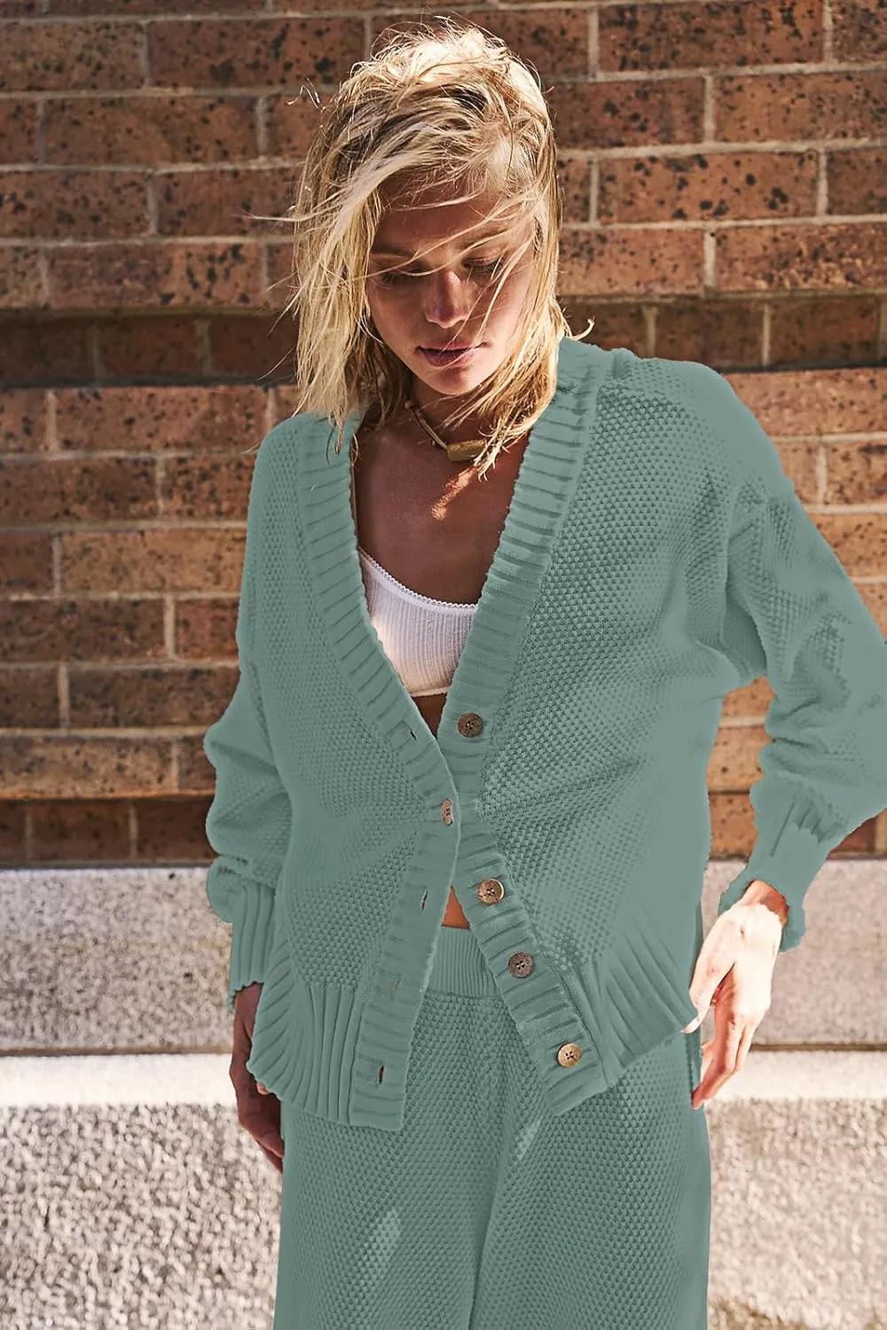 SAUKOLE Womens Two Piece Outfits Knit Sweater Sets Oversized Button Down Cardigan and Long Pants Matching Lounge Set