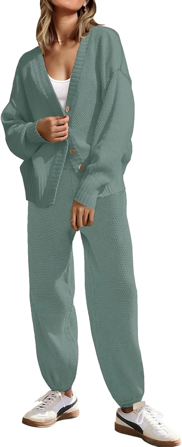 SAUKOLE Womens Two Piece Outfits Knit Sweater Sets Oversized Button Down Cardigan and Long Pants Matching Lounge Set