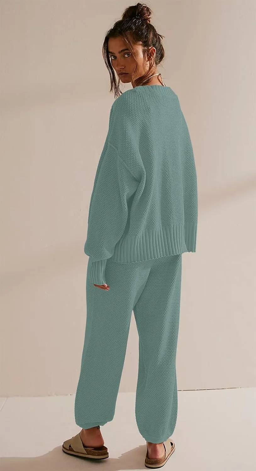 SAUKOLE Womens Two Piece Outfits Knit Sweater Sets Oversized Button Down Cardigan and Long Pants Matching Lounge Set