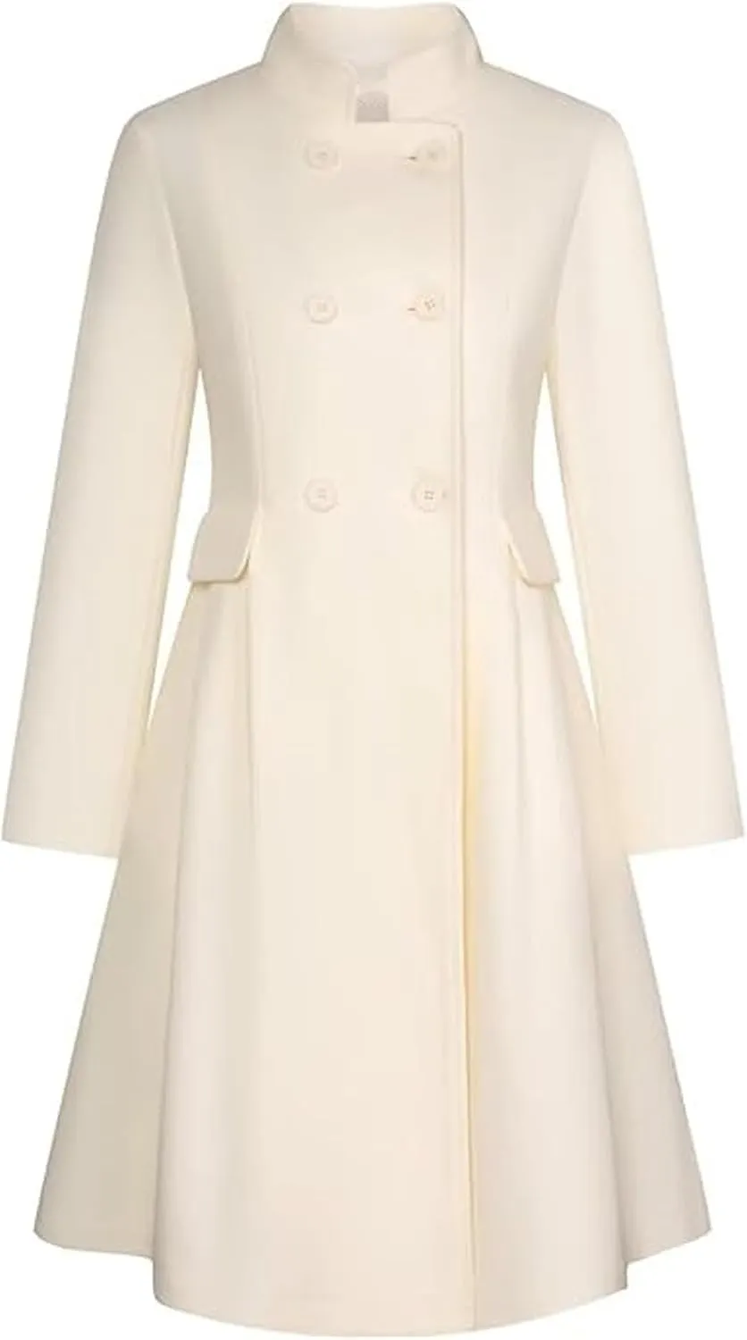 SEMATOMALA Women's Winter Wool Blend Swing Dress Coat Stand Collar Double Breasted Trench Coat A Line Pea Coat