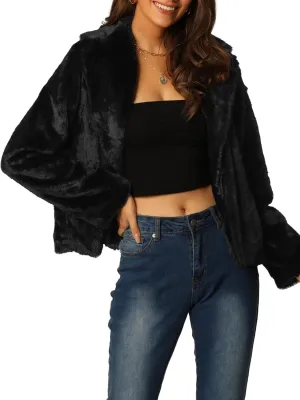 Seta T Women's Cropped Faux Fur Coat Fashion Winter Open Front Jacket Notch Lapel Long Sleeve Fluffy Coat