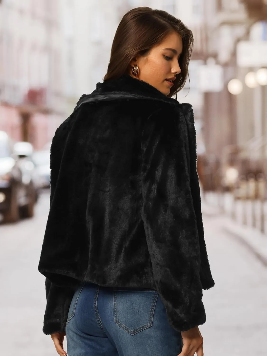 Seta T Women's Cropped Faux Fur Coat Fashion Winter Open Front Jacket Notch Lapel Long Sleeve Fluffy Coat