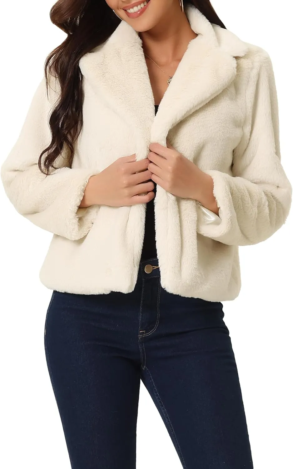 Seta T Women's Cropped Faux Fur Coat Fashion Winter Open Front Jacket Notch Lapel Long Sleeve Fluffy Coat