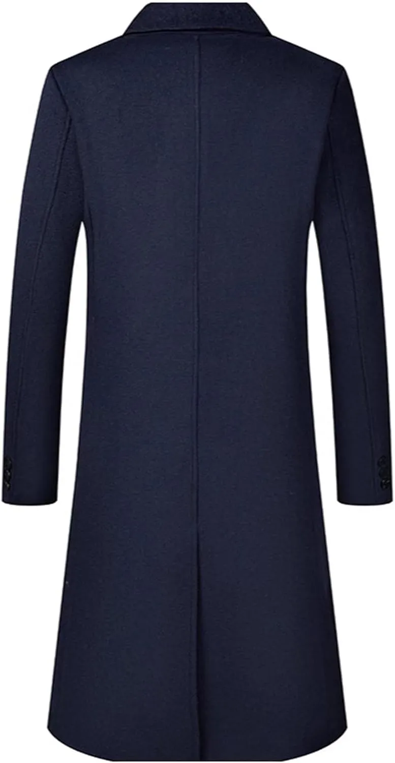 Sexyshine Mens Full Length Wool Trench Coat Notched Lapel Double Breasted Long Overcoat Windbreaker Pea Coat Jacket