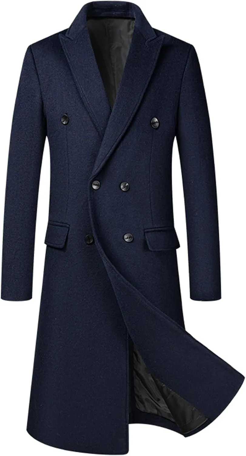 Sexyshine Mens Full Length Wool Trench Coat Notched Lapel Double Breasted Long Overcoat Windbreaker Pea Coat Jacket
