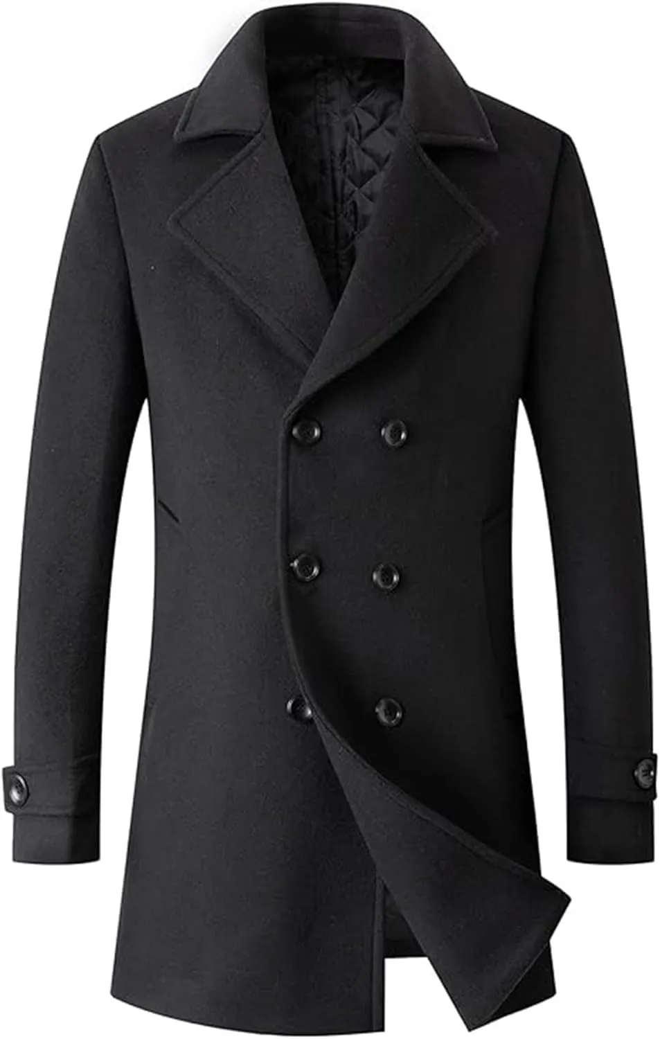 Sexyshine Mens Woolen Blend Trench Coat Pea Coat Double Breasted Notched Lapel Regular Fit Winter Business Overcoat