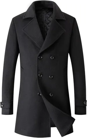 Sexyshine Mens Woolen Blend Trench Coat Pea Coat Double Breasted Notched Lapel Regular Fit Winter Business Overcoat
