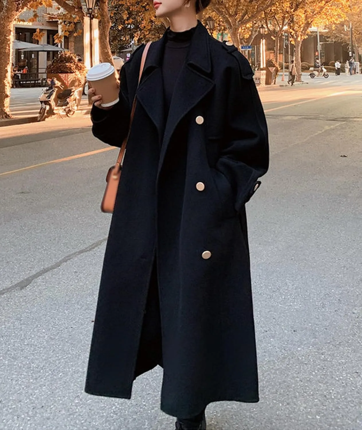 Sexyshine Women's Winter Double Breasted Long Pea Coat Notch Lapel Long Sleeve Wool Blend Trench Coat Overcoat