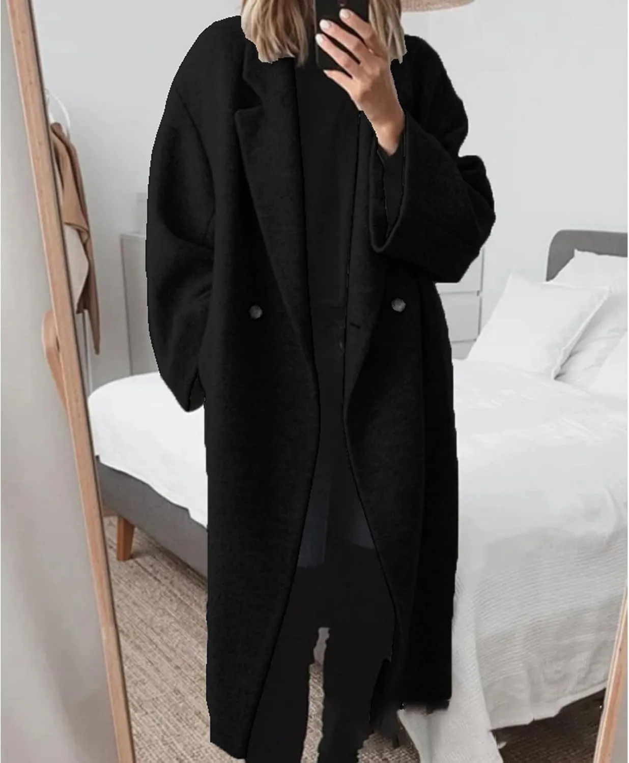 Sexyshine Women's Winter Double Breasted Pea Coat Long Sleeve Notch Lapel Long Trench Coat Warm Wool Blend Jackets
