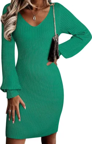 Sidefeel Womens 2024 Fall Winter Ribbed Knit Sweater Dress Casual Long Sleeve Sexy V Neck Bodycon Mini Dress
