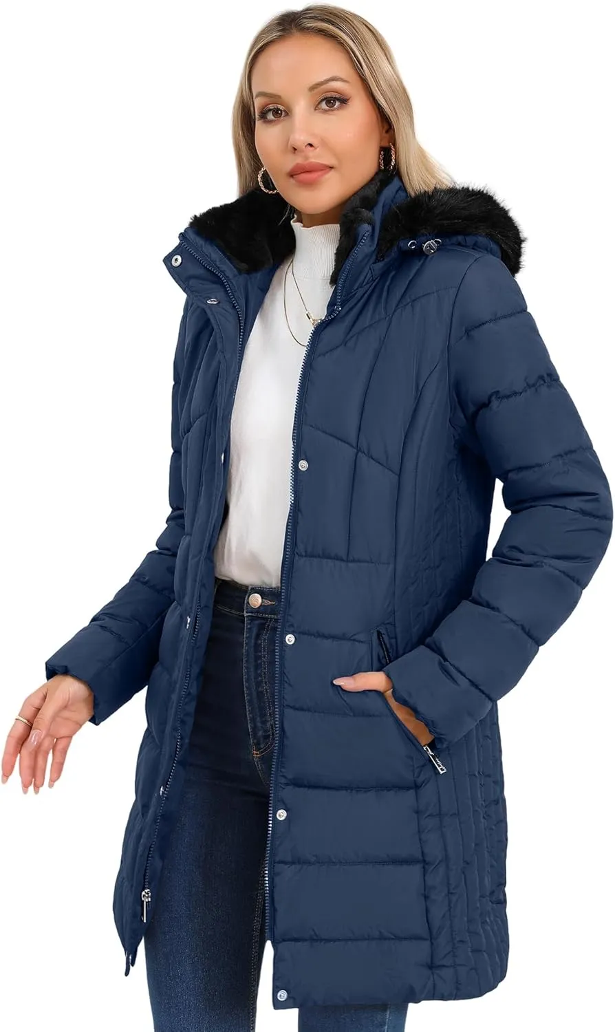 SLOWTOWN Women's Long Puffer Coat Thickened Winter Coat Warm Puffy Jacket with Detachable Hood