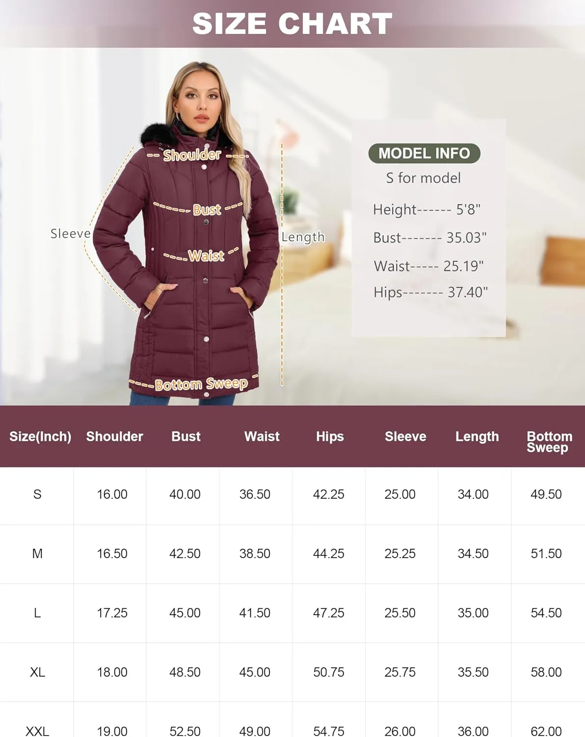SLOWTOWN Women's Long Puffer Coat Thickened Winter Coat Warm Puffy Jacket with Detachable Hood