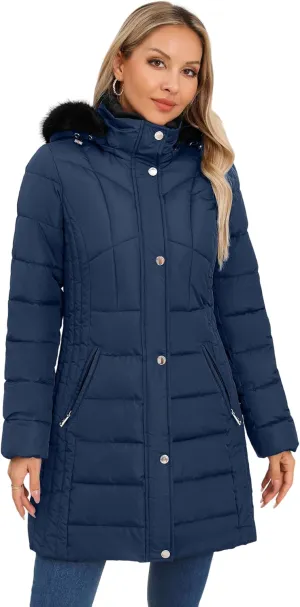 SLOWTOWN Women's Long Puffer Coat Thickened Winter Coat Warm Puffy Jacket with Detachable Hood