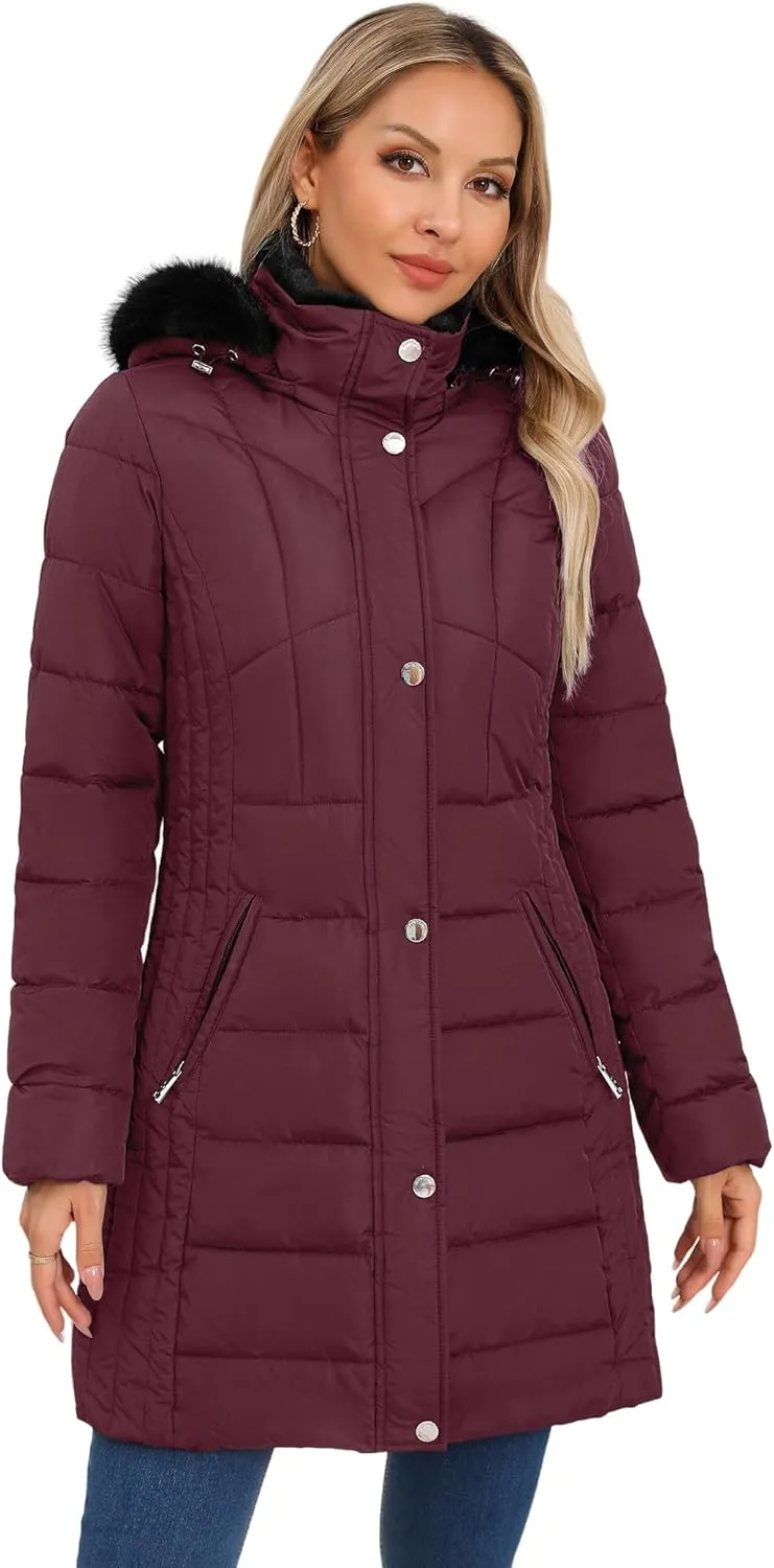 SLOWTOWN Women's Long Puffer Coat Thickened Winter Coat Warm Puffy Jacket with Detachable Hood